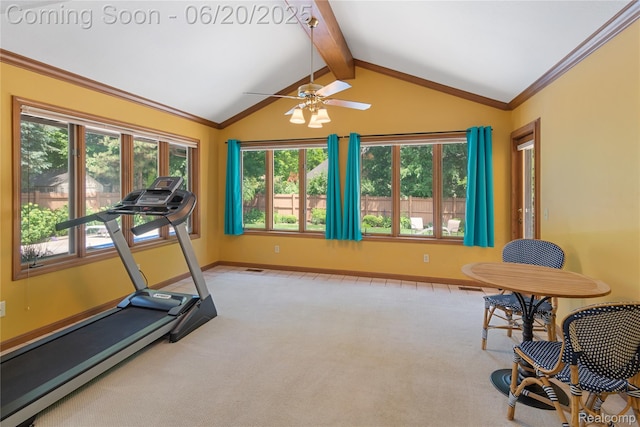 1484 Kings Pointe Rd, Grand Blanc, MI 48439 - exercise room featuring lofted ceiling, carpet flooring, a ceiling fan, and crown molding