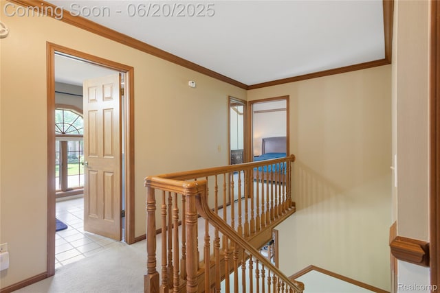 1484 Kings Pointe Rd, Grand Blanc, MI 48439 - hall with an upstairs landing, ornamental molding, and light colored carpet