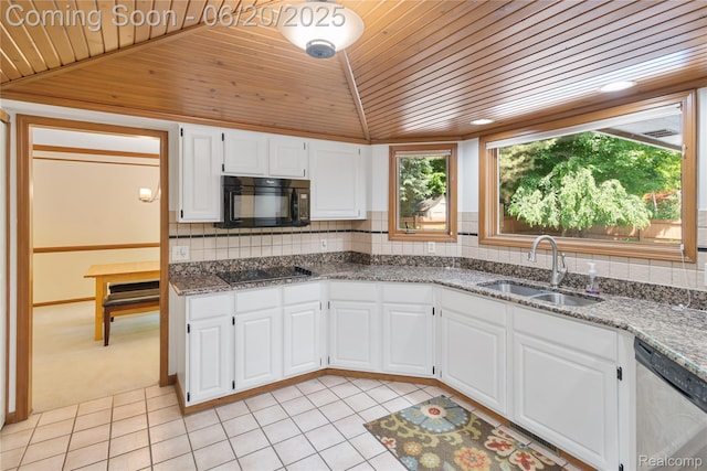 1484 Kings Pointe Rd, Grand Blanc, MI 48439 - kitchen with black appliances, wooden ceiling, light tile patterned floors, white cabinets, and stone counters