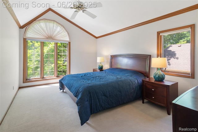 1484 Kings Pointe Rd, Grand Blanc, MI 48439 - carpeted bedroom with multiple windows, ornamental molding, lofted ceiling, and ceiling fan