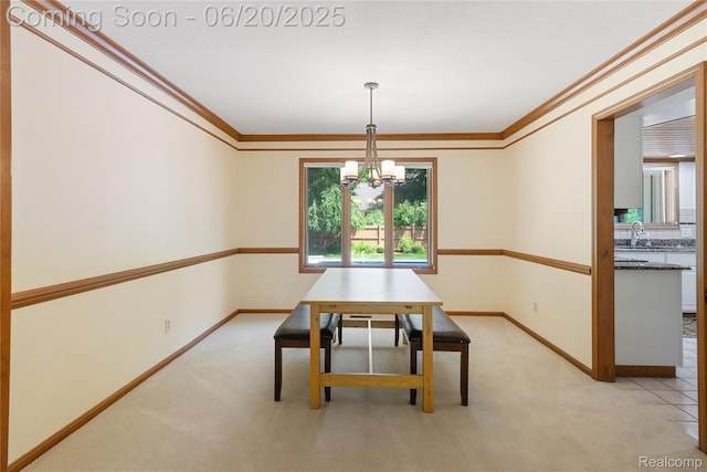 1484 Kings Pointe Rd, Grand Blanc, MI 48439 - dining space with a chandelier, light colored carpet, and crown molding