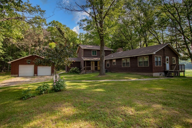 5774 N Wayne Ave, Pentwater, MI 49449 - rustic home with an outdoor structure, a detached garage, a front lawn, and driveway