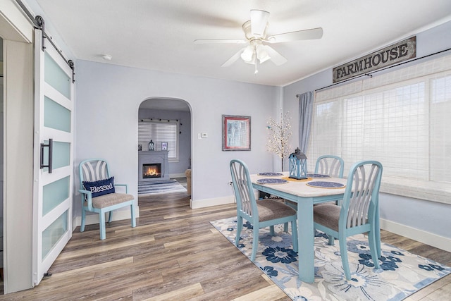 378 Goguac St W, Battle Creek, MI 49015 - dining area featuring arched walkways, ceiling fan, wood finished floors, a barn door, and a warm lit fireplace