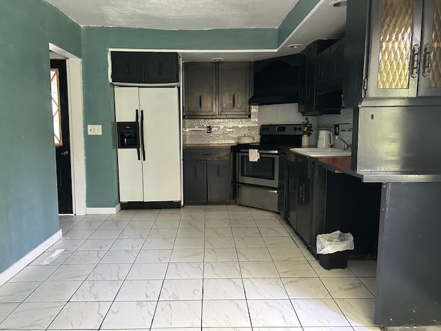 1478 Allen Ave, Muskegon, MI 49442 - kitchen with white refrigerator with ice dispenser, stainless steel electric stove, premium range hood, light marble finish flooring, and decorative backsplash