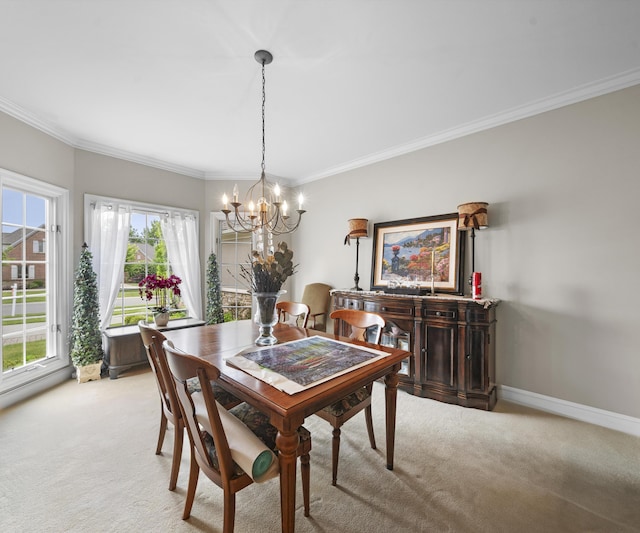 5011 Rockaway Ln, Clarkston, MI 48348 - dining room with light colored carpet, a chandelier, and crown molding