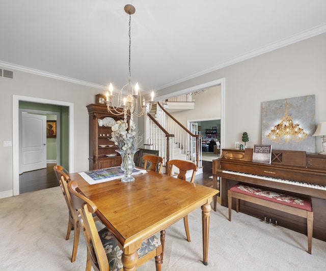 5011 Rockaway Ln, Clarkston, MI 48348 - carpeted dining room with a chandelier, crown molding, and stairway