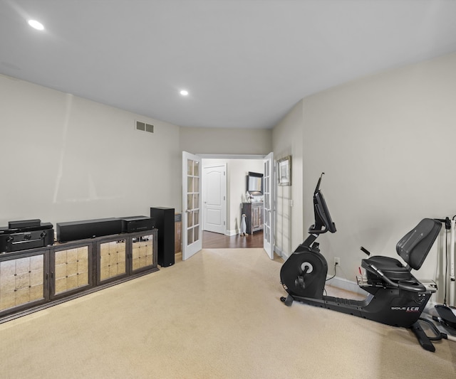 5011 Rockaway Ln, Clarkston, MI 48348 - exercise area featuring french doors, recessed lighting, and carpet