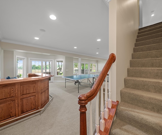 5011 Rockaway Ln, Clarkston, MI 48348 - stairway featuring carpet floors, crown molding, and recessed lighting