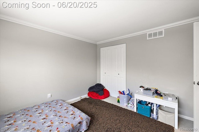 4160 Dawn Ln, West Bloomfield, MI 48323 - carpeted bedroom with crown molding and a closet