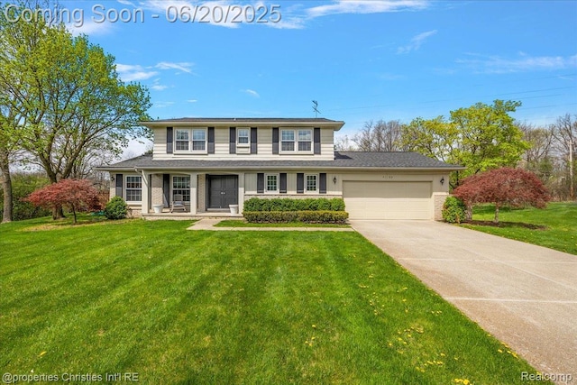 4160 Dawn Ln, West Bloomfield, MI 48323 - traditional-style house with a garage, a front yard, concrete driveway, and a porch