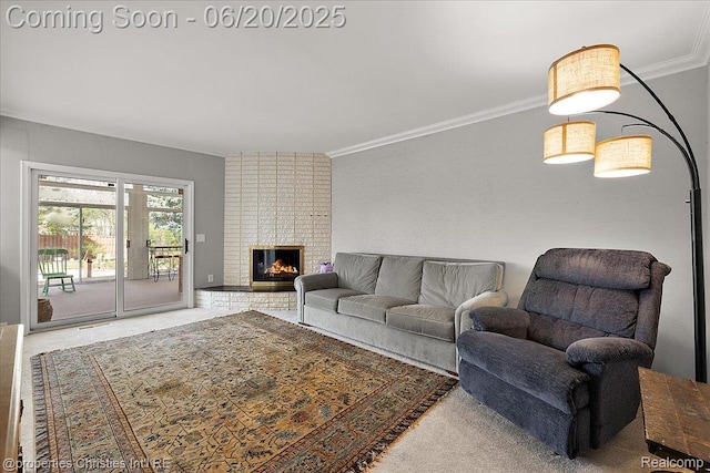 4160 Dawn Ln, West Bloomfield, MI 48323 - carpeted living area with crown molding and a fireplace