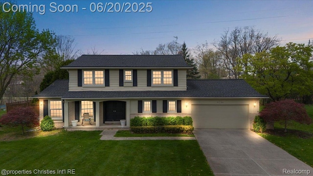4160 Dawn Ln, West Bloomfield, MI 48323 - view of front of house with an attached garage, a porch, concrete driveway, and a yard