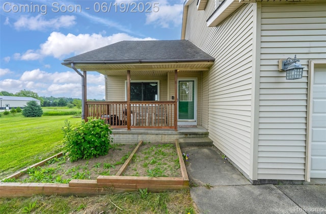 2102 Oakwood Rd, Ortonville, MI 48462 - doorway to property with a porch, a lawn, and a shingled roof