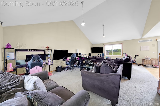 2102 Oakwood Rd, Ortonville, MI 48462 - carpeted living room featuring high vaulted ceiling