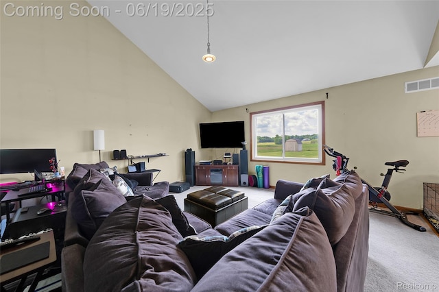 2102 Oakwood Rd, Ortonville, MI 48462 - living room featuring carpet flooring and high vaulted ceiling