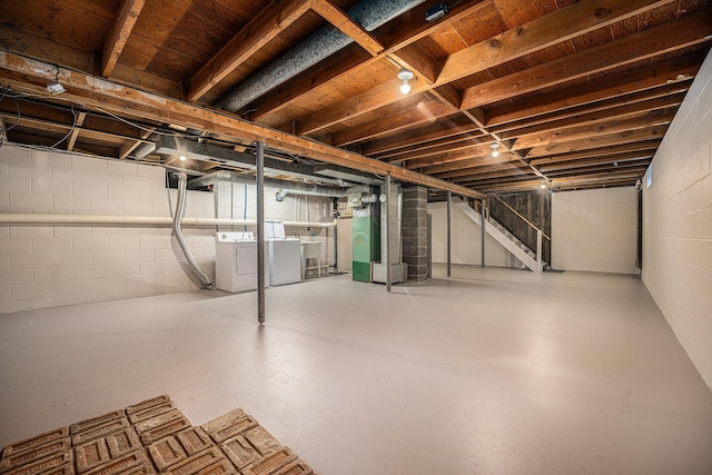 8814 S Sprinkle Rd, Portage, MI 49002 - unfinished basement featuring separate washer and dryer, stairway, and heating unit