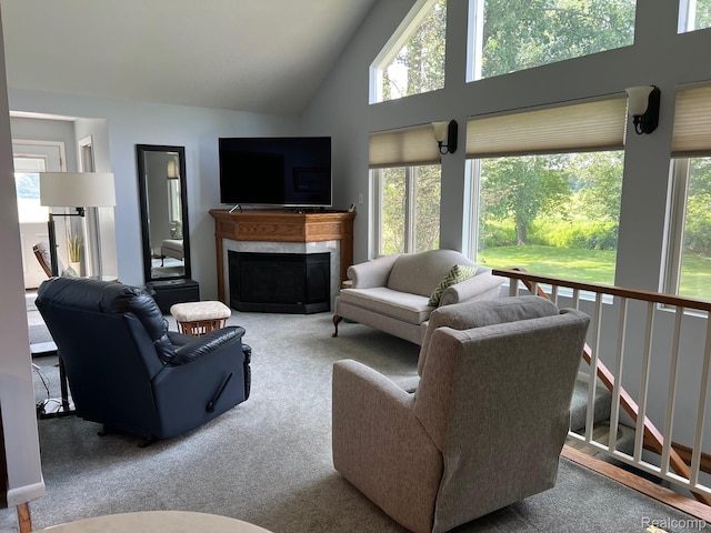 7369 Sheridan Rd, Flushing, MI 48433 - carpeted living room with high vaulted ceiling and a premium fireplace