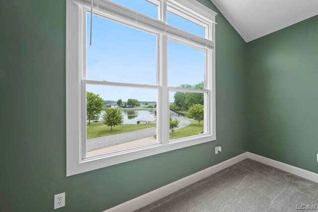 7555 Sherlock Dr, Onsted, MI 49265 - carpeted empty room with a water view and lofted ceiling