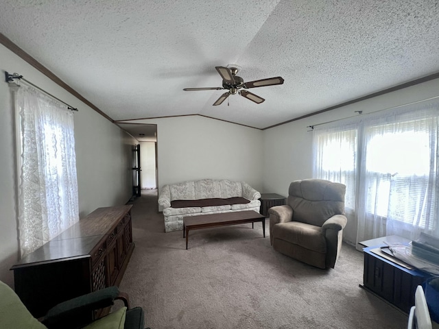 2701 Huizenga St Trlr # 4, Norton Shores, MI 49444 - carpeted living area featuring ceiling fan, lofted ceiling, a textured ceiling, and ornamental molding