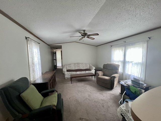 2701 Huizenga St Trlr # 4, Norton Shores, MI 49444 - carpeted living area featuring a ceiling fan, lofted ceiling, a textured ceiling, and ornamental molding