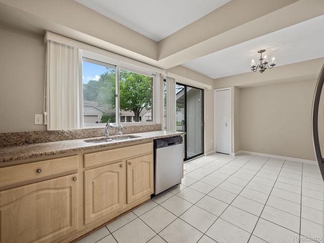 1829 Golf Ridge Dr, Bloomfield Hills, MI 48302 - kitchen featuring stainless steel dishwasher, light brown cabinets, a chandelier, and light tile patterned floors