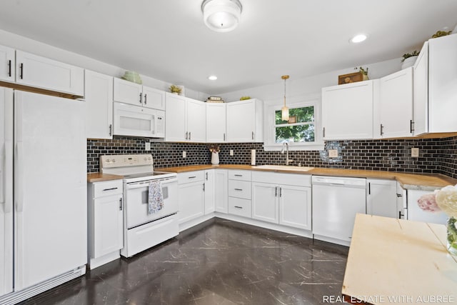 537 Graafschap Rd, Holland, MI 49423 - kitchen featuring white appliances, wooden counters, white cabinetry, tasteful backsplash, and recessed lighting