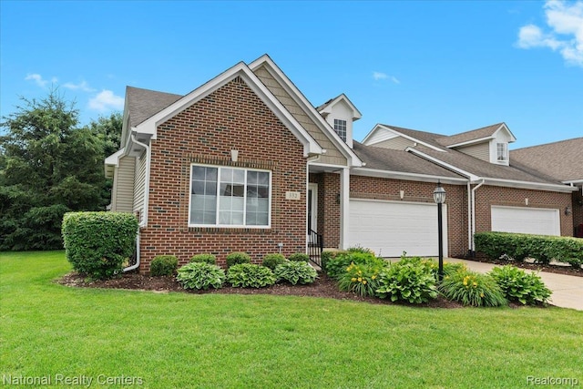 332 Asbury Ct, Highland, MI 48357 - view of front of house with brick siding, a garage, a front lawn, and driveway
