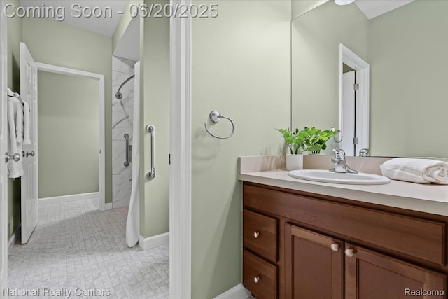 332 Asbury Ct, Highland, MI 48357 - bathroom featuring vanity, tiled shower, and tile patterned floors