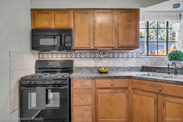 5500 Harvard Rd, Detroit, MI 48224 - kitchen featuring black appliances, brown cabinets, decorative backsplash, and dark countertops