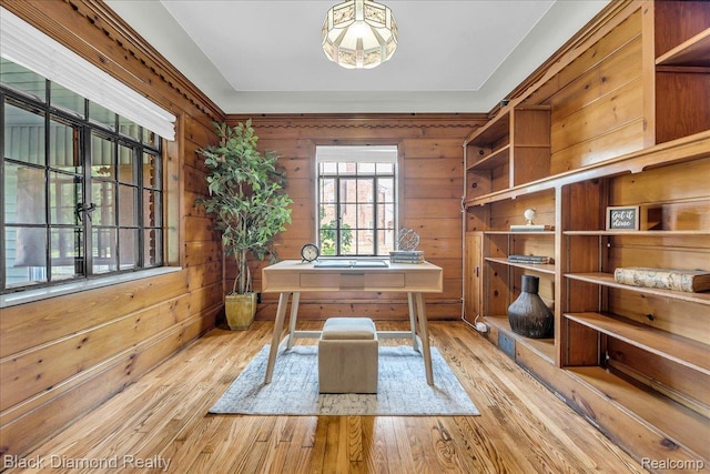5500 Harvard Rd, Detroit, MI 48224 - office with wood finished floors, a chandelier, and wood walls