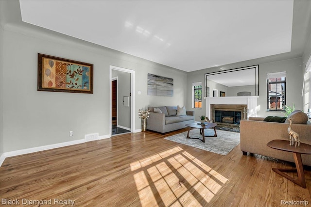 5500 Harvard Rd, Detroit, MI 48224 - living room with light wood-type flooring and a fireplace with flush hearth