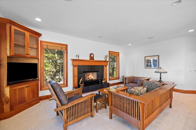 4679-4681 Forest Ridge Dr, Holland, MI 49423 - living area with light colored carpet, a fireplace, and recessed lighting