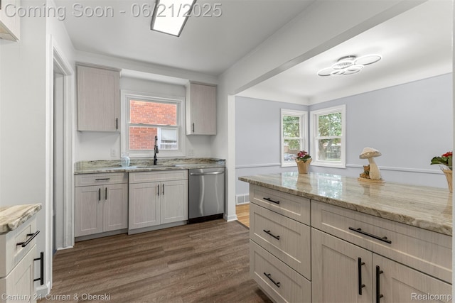8276 Riverview St, Dearborn Heights, MI 48127 - kitchen with dishwasher, dark wood finished floors, and light stone counters