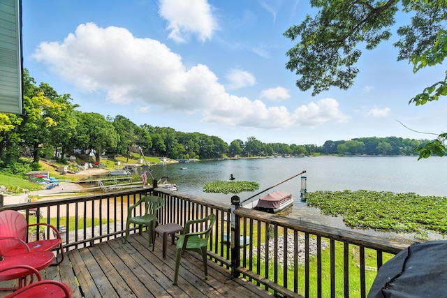 17295 Stevens Forest Lake St, Cassopolis, MI 49031 - wooden deck featuring a water view, a dock, and area for grilling