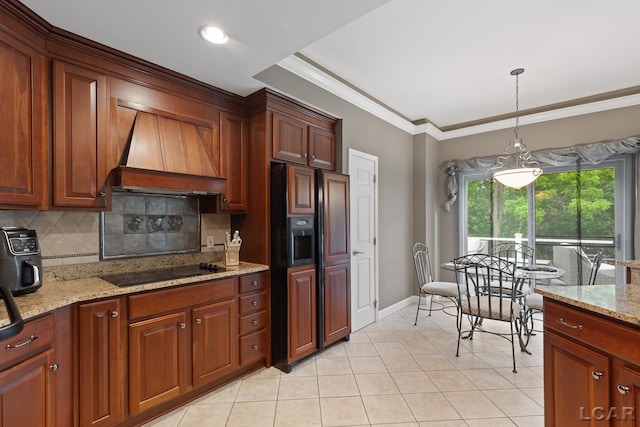 3054 Windmill Dr, Adrian, MI 49221 - kitchen with custom exhaust hood, paneled refrigerator with ice dispenser, black electric cooktop, tasteful backsplash, and light tile patterned flooring