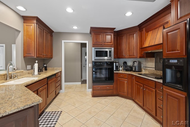 3054 Windmill Dr, Adrian, MI 49221 - kitchen with black appliances, light stone counters, tasteful backsplash, light tile patterned flooring, and recessed lighting