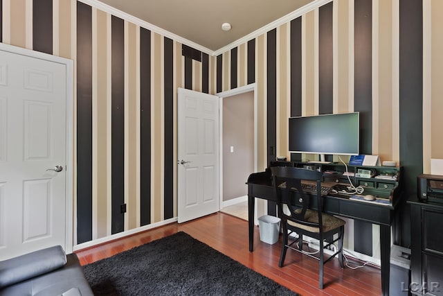 3054 Windmill Dr, Adrian, MI 49221 - office with wood finished floors, wallpapered walls, and crown molding