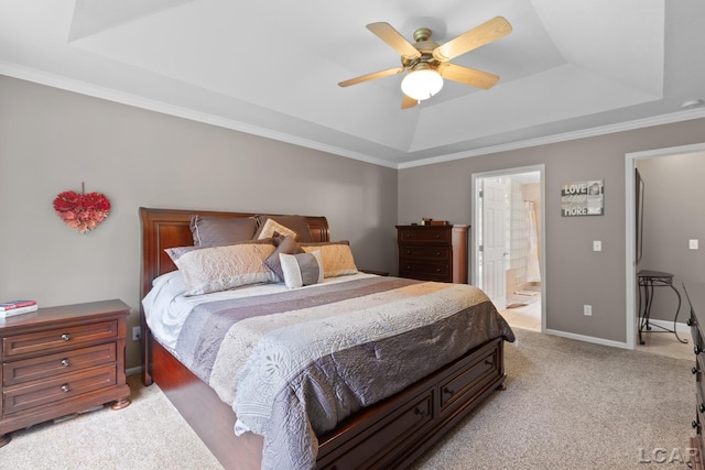 3054 Windmill Dr, Adrian, MI 49221 - bedroom featuring a tray ceiling, light colored carpet, crown molding, ensuite bathroom, and ceiling fan