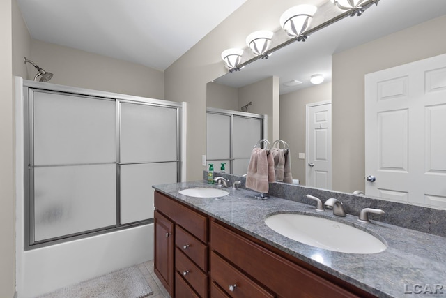 3054 Windmill Dr, Adrian, MI 49221 - bathroom with double vanity, enclosed tub / shower combo, and tile patterned floors