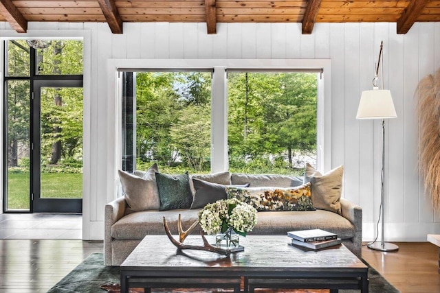 16128 Walnut Ct, Three Oaks, MI 49128 - living room featuring a wood ceiling with exposed beams, hardwood / wood-style flooring, healthy amount of natural light, and wooden walls