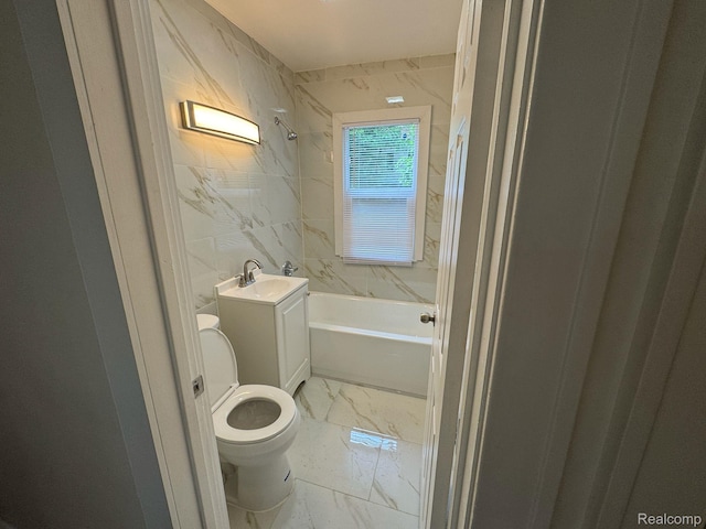 28905 Hennepin St, Dearborn Heights, MI 48135 - bathroom with marble look tile flooring, tile walls, and shower / tub combination