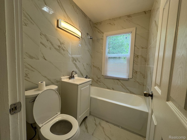28905 Hennepin St, Dearborn Heights, MI 48135 - bathroom featuring tile walls, shower / bath combination, marble look tiles, and vanity