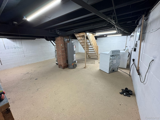 28905 Hennepin St, Dearborn Heights, MI 48135 - unfinished below grade area with water heater, stairs, and washer / clothes dryer