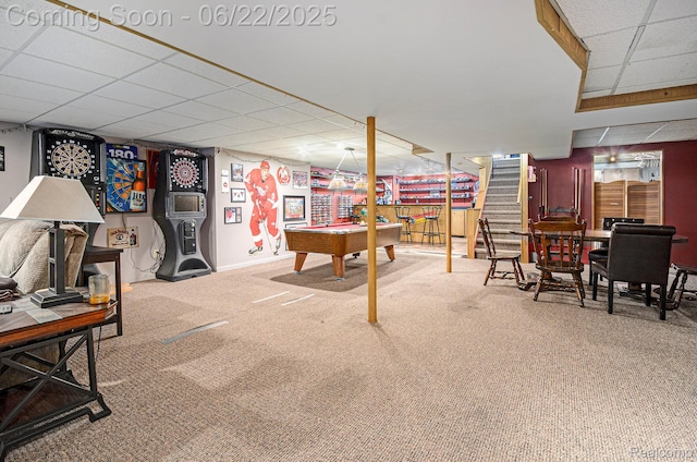 9300 Clippert St, Taylor, MI 48180 - game room with a paneled ceiling, billiards, and carpet floors