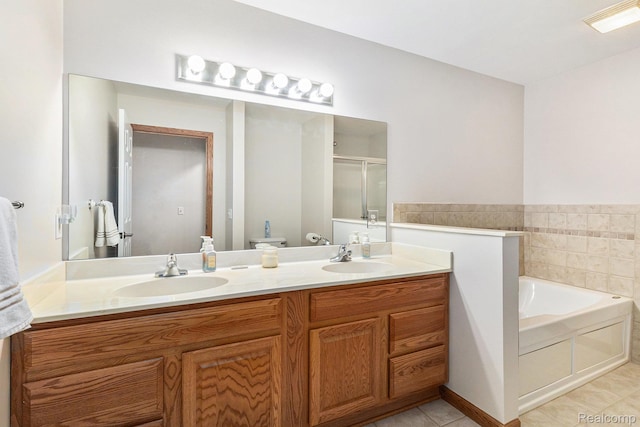 6144 Northridge Hills Dr, Brighton, MI 48116 - bathroom featuring a stall shower, a garden tub, tile patterned flooring, and double vanity