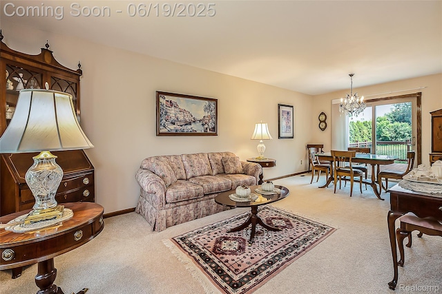 24320 Simmons Dr, Novi, MI 48374 - carpeted living area with a chandelier and baseboards
