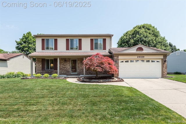 24320 Simmons Dr, Novi, MI 48374 - traditional-style house featuring a garage, driveway, brick siding, and a front lawn