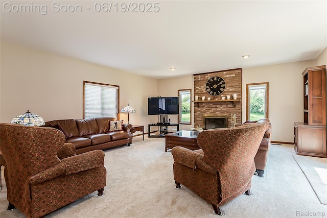 24320 Simmons Dr, Novi, MI 48374 - living area with light colored carpet, a brick fireplace, and recessed lighting