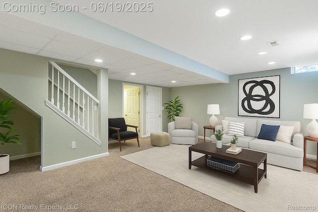 17922 Wingate Dr, Macomb, MI 48042 - living area featuring carpet, stairs, and recessed lighting