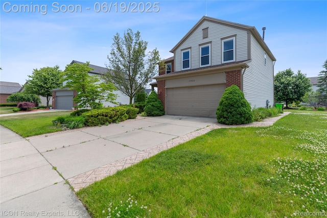 17922 Wingate Dr, Macomb, MI 48042 - view of property exterior featuring a garage, a lawn, brick siding, and concrete driveway